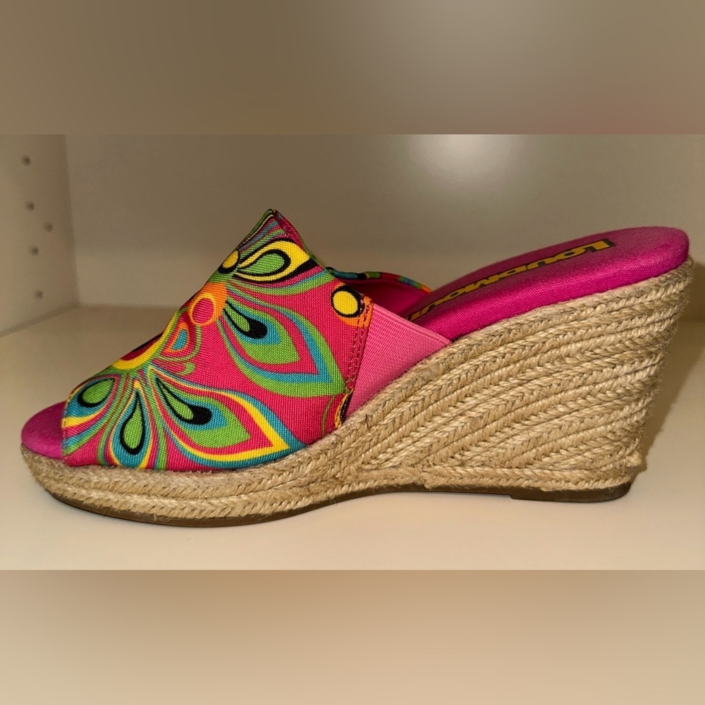 Loudmouth Women Marlene Shagadelic Wedges Sz 6.5M Pink 60s Retro Inspired Fabric - Picture 9 of 14
